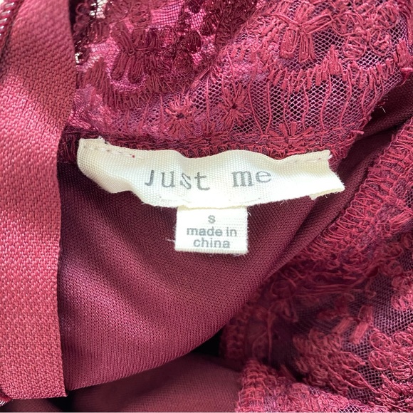 Lace Embroidered Sheer Detail Ruffle Ruched High Waist Mini Dress Maroon Small - Picture 12 of 14